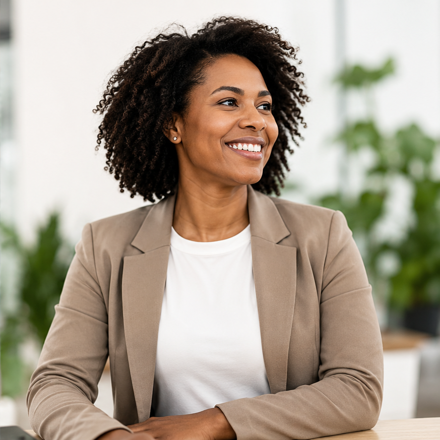 A woman smiling, representing a Xonorate Fellow or Member reflecting on their progress